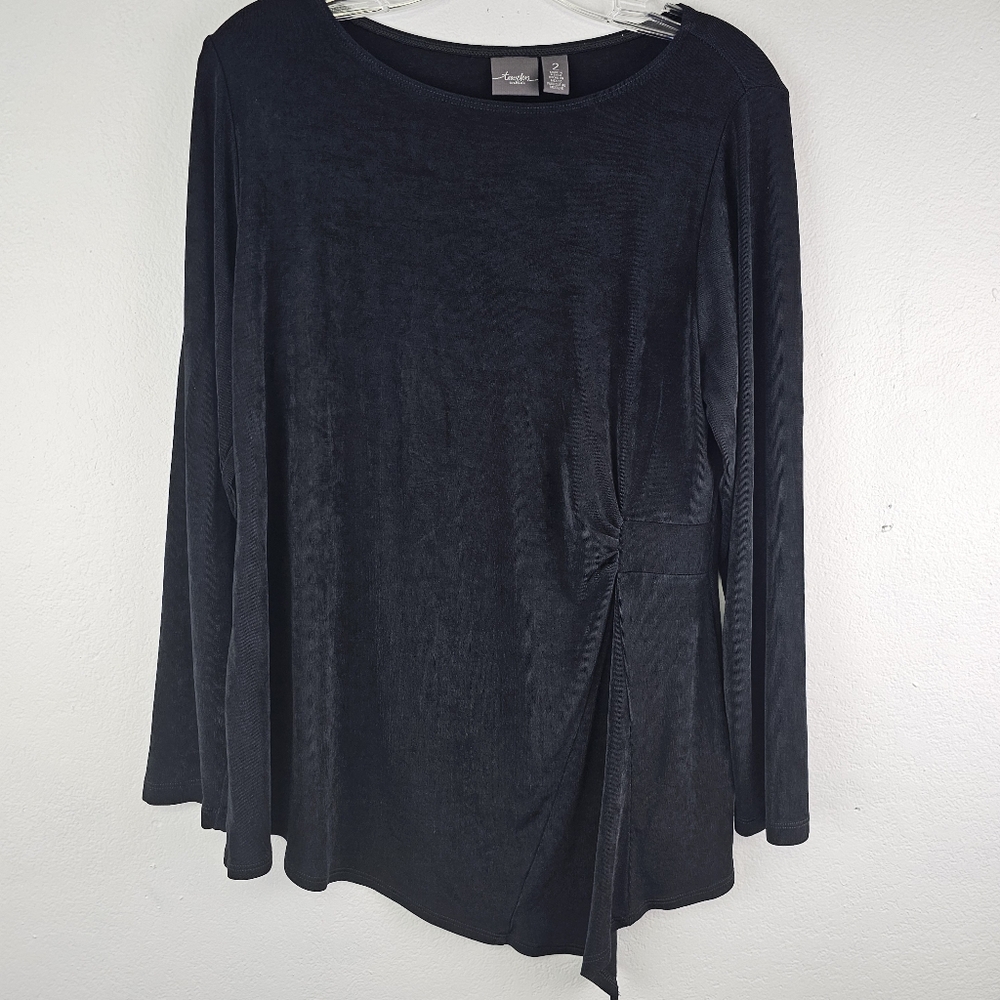 Chico's Travelers Black Tunic Asymmetrical Hem Sz L/12 Slinky Dark Romantic